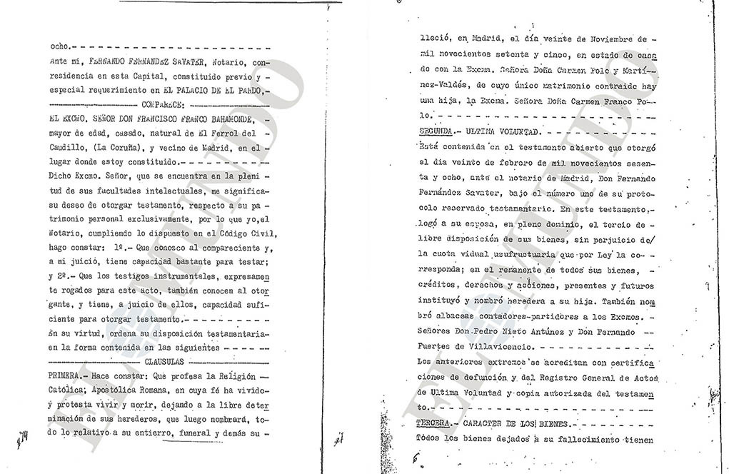 Inicio del testamento de Franco (izquierda) y su �ltima voluntad (derecha).