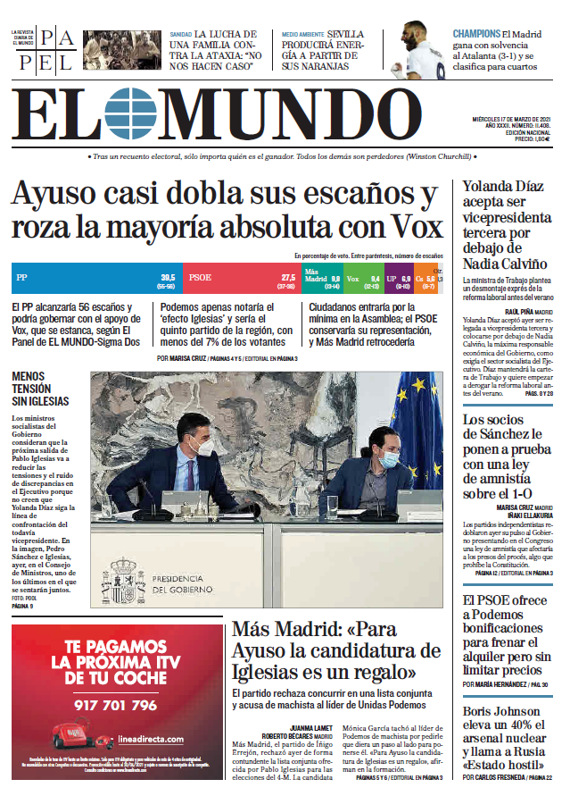 Portada de EL MUNDO del miércoles 17 de marzo de 2021 | Medios