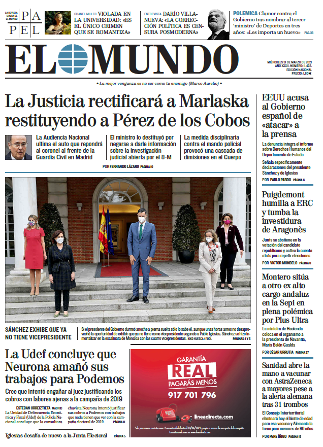 Portada de EL MUNDO del miércoles 31 de marzo de 2021 | Medios