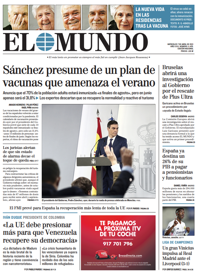 Portada de EL MUNDO del miércoles 7 de abril de 2021 | Medios