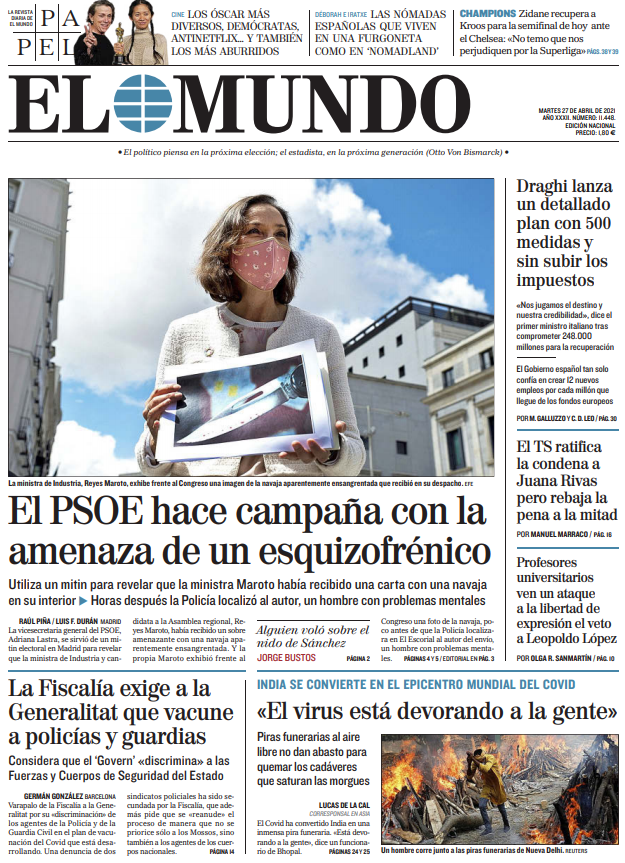 Portada de EL MUNDO del martes 27 de abril de 2021 | Medios