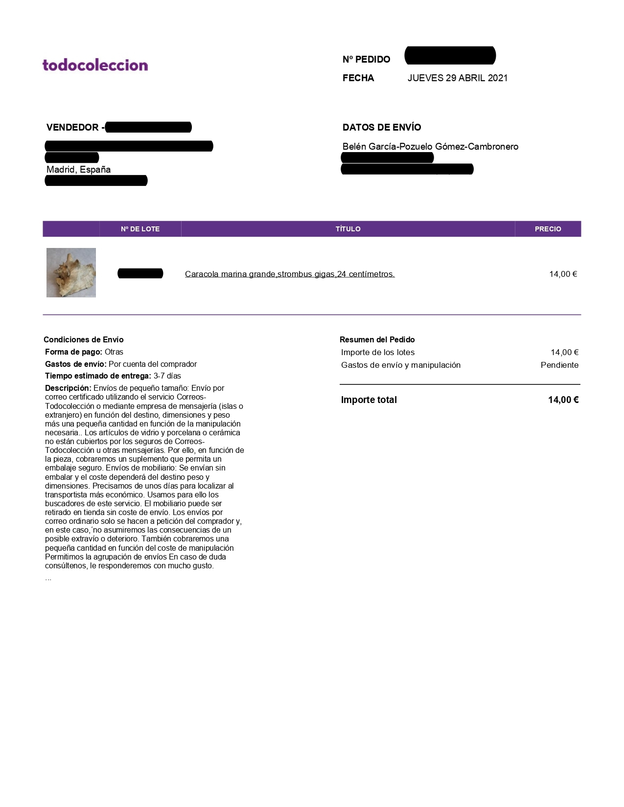 Factura del portal de subastas Todocoleccion donde fue puesta en venta la caracola. No figura desglose del IVA.