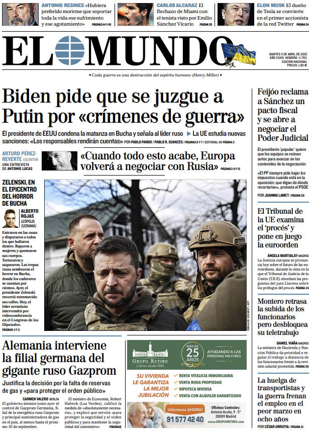 Portada de EL MUNDO del martes 5 de abril de 2022 | Medios