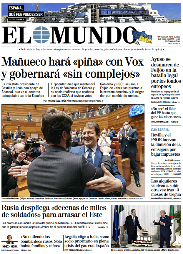 Portada de EL MUNDO del martes 12 de abril de 2022 | Medios