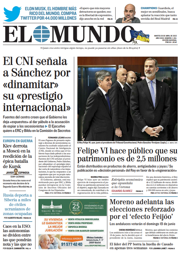 Portada de EL MUNDO del martes 26 de abril de 2022 | Medios