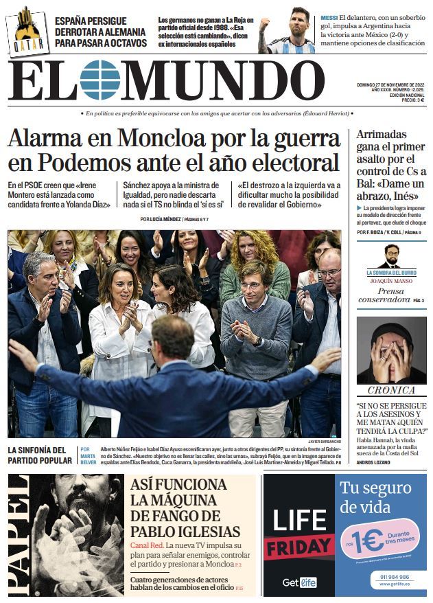 Portada de EL MUNDO del domingo 27 de noviembre de 2022 | Medios