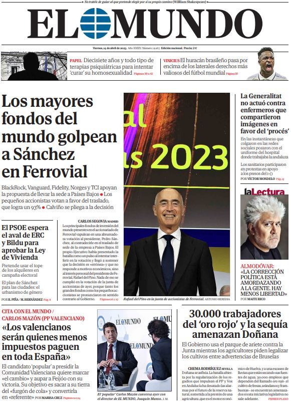Portada de EL MUNDO del viernes 14 de abril de 2023 | Medios
