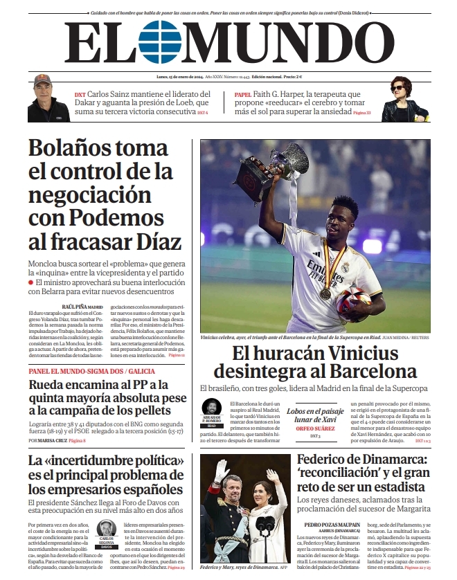 Portada de EL MUNDO del lunes 15 de enero de 2024 | Medios