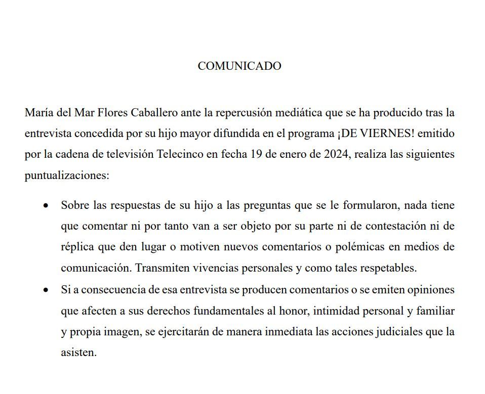 Mar Flores emite un comunicado tras la dura entrevista de su hijo ...