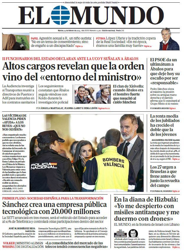 Portada de EL MUNDO del martes 27 de febrero de 2024 | Medios