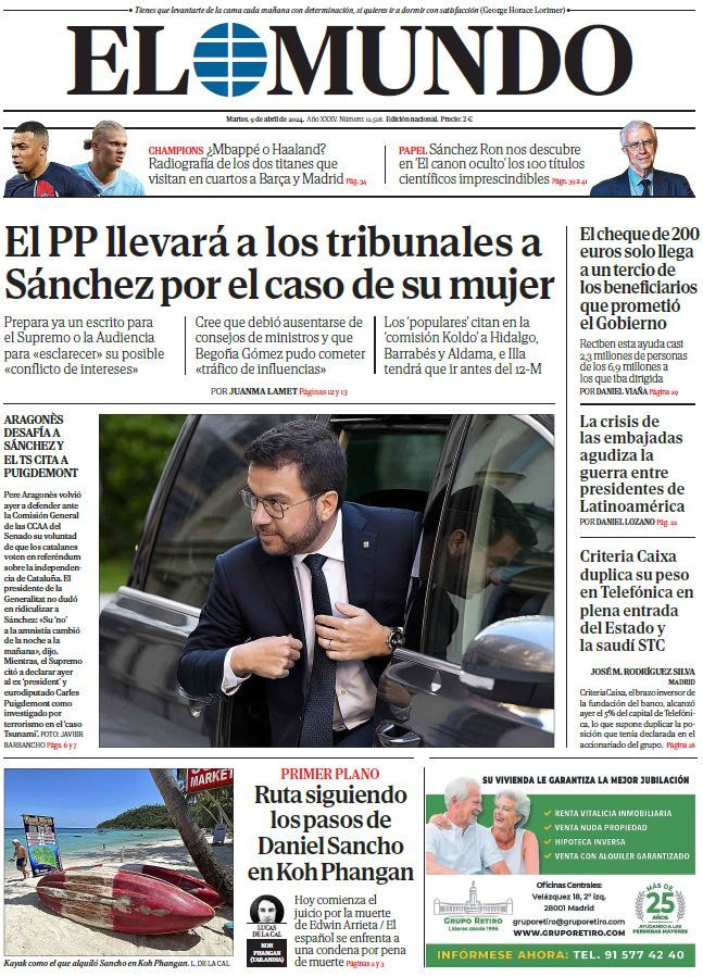 Portada de EL MUNDO del martes 9 de de abril de 2024 | Medios