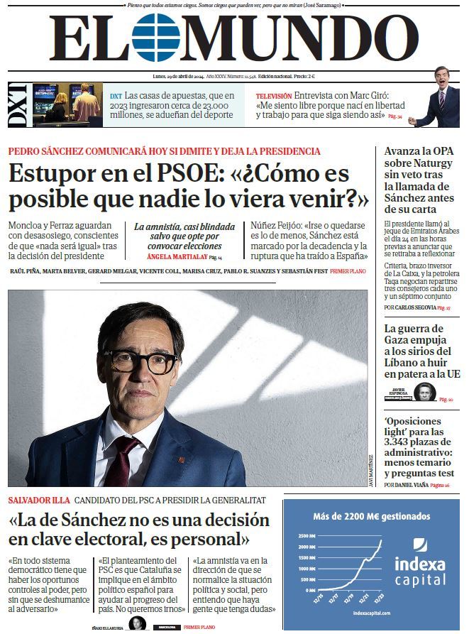 Portada de EL MUNDO del lunes 29 de abril de 2024 | Medios