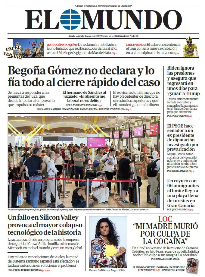 Portada de EL MUNDO del sábado 20 de julio de 2024 | Medios