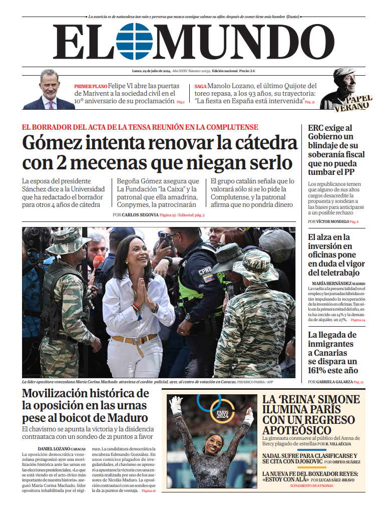 Portada de EL MUNDO del lunes 29 de julio de 2024 | Medios