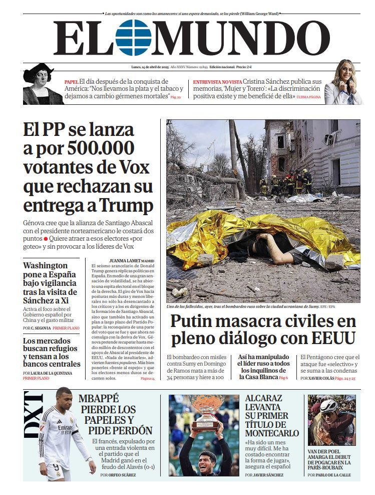 Portada de EL MUNDO del lunes 14 de abril de 2025 | Medios