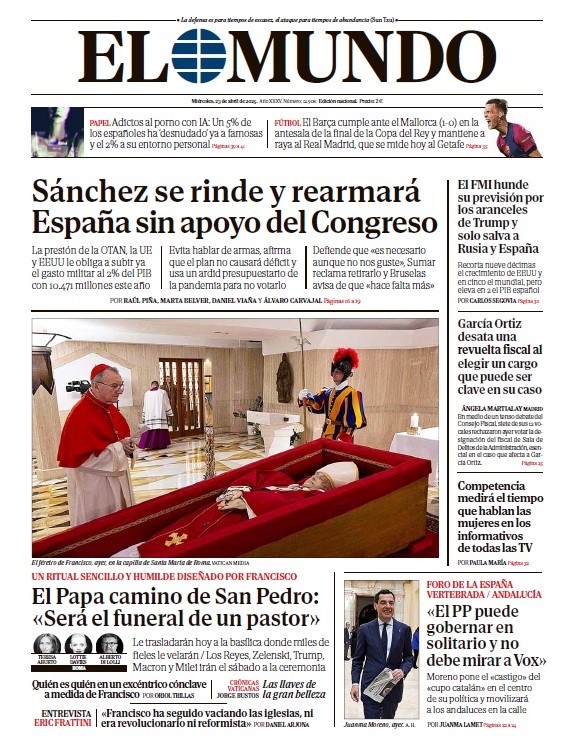Portada de EL MUNDO del miércoles 23 de abril de 2025 | Medios