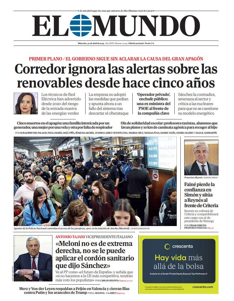 Portada de EL MUNDO del miércoles 30 de abril de 2025 | Medios