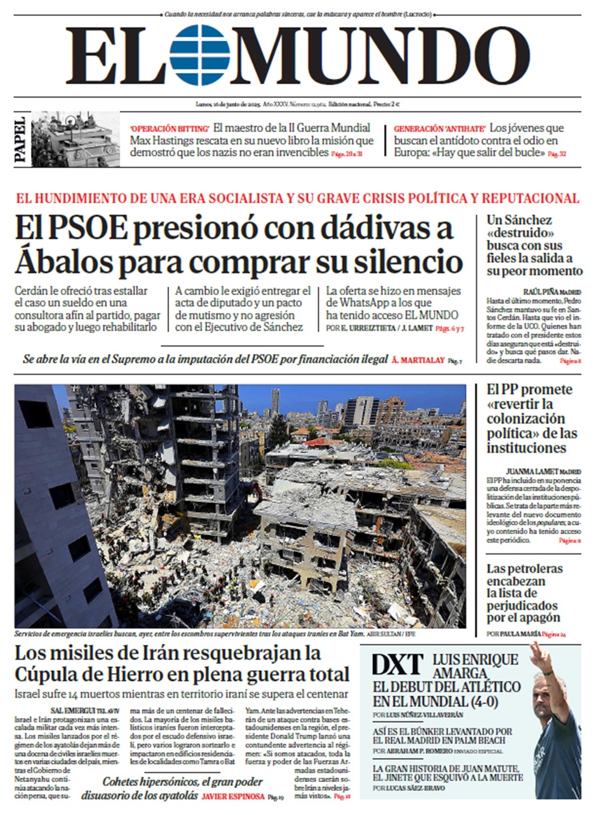Portada de EL MUNDO del lunes 16 de junio de 2025 | Medios