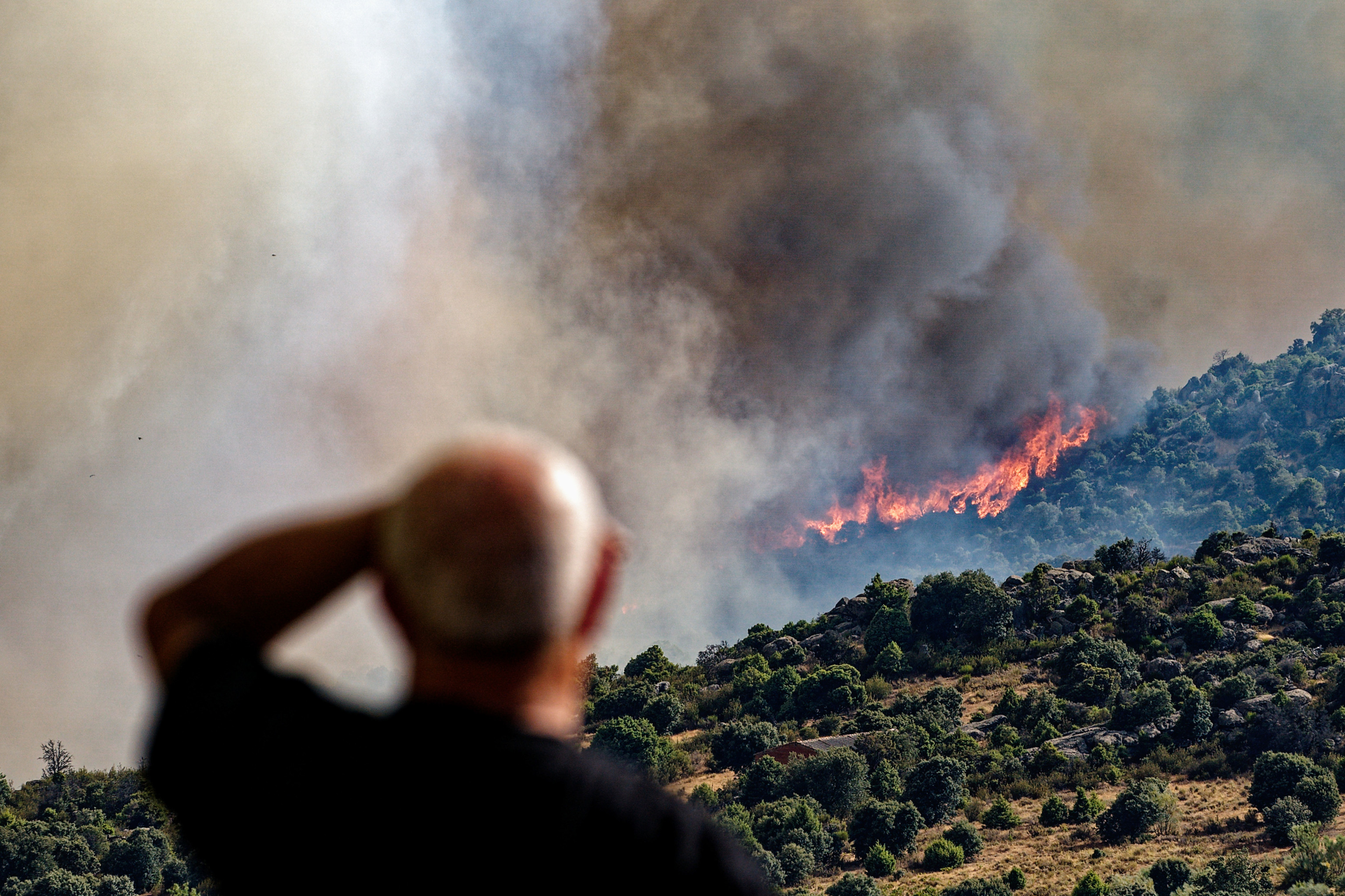 Hombre observa el desarrollo del incendio en Navaluenga (�vila)