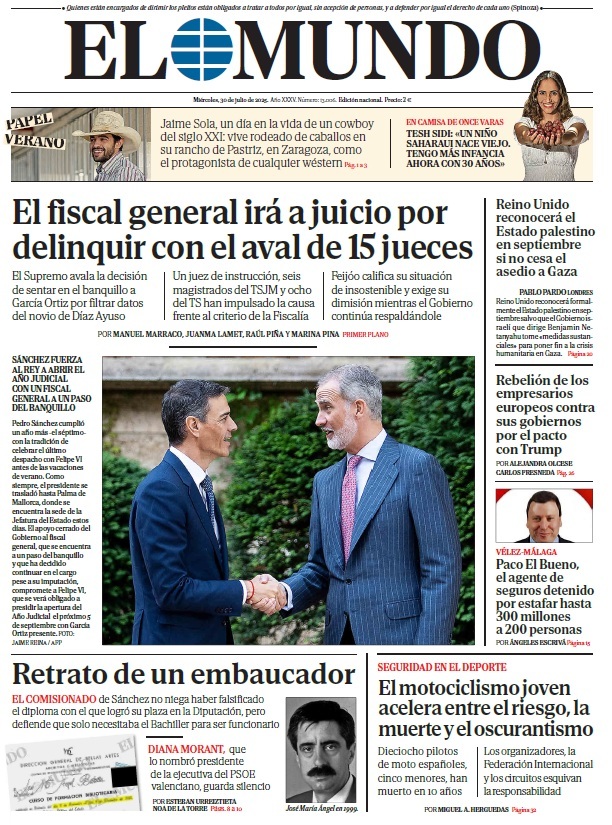 Portada de EL MUNDO del miércoles 30 de julio de 2025 | Medios