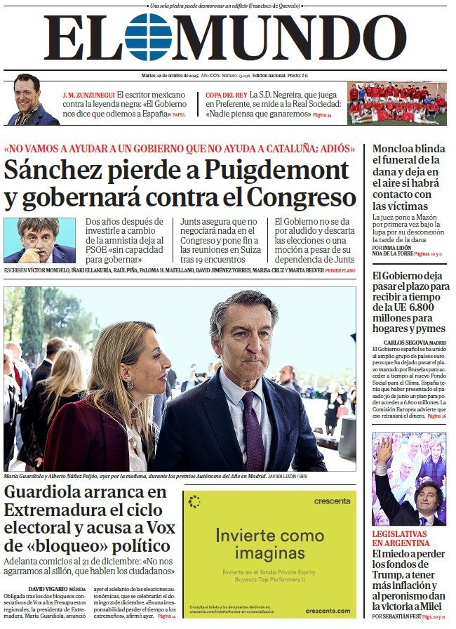 Portada de EL MUNDO del martes 28 de octubre de 2025 | Medios