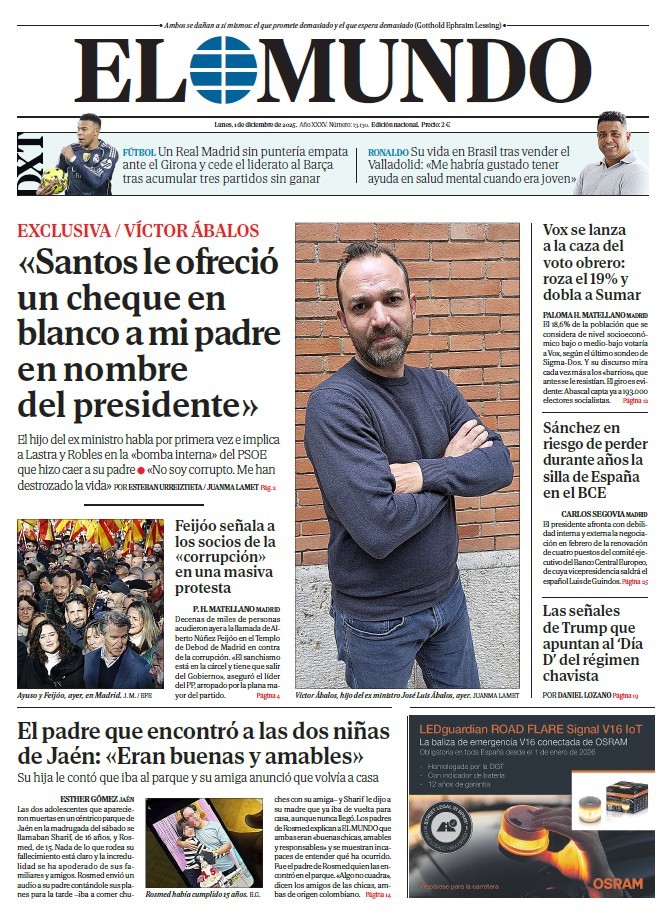 Portada de EL MUNDO del lunes 1 de diciembre de 2025 | Medios