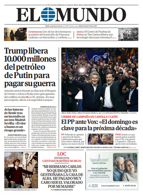 Portada de EL MUNDO del sábado 14 de marzo de 2026 | Medios