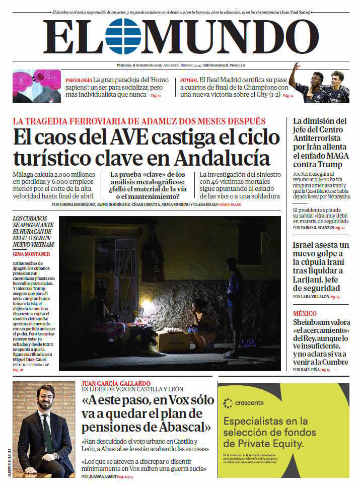 Portada de EL MUNDO del miércoles 18 de marzo de 2026 | Medios