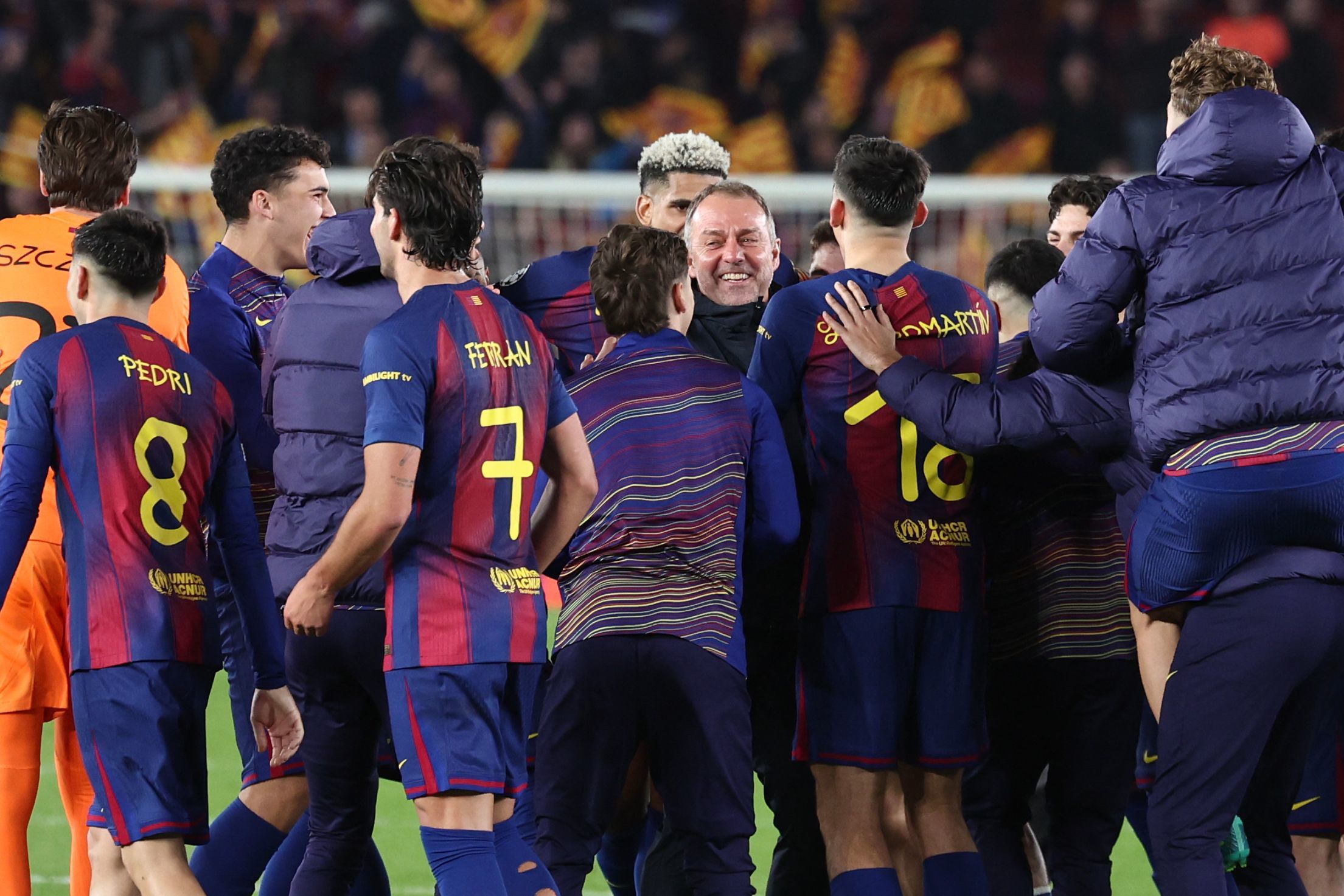 Flick celebra junto a su equipo, este miércoles.