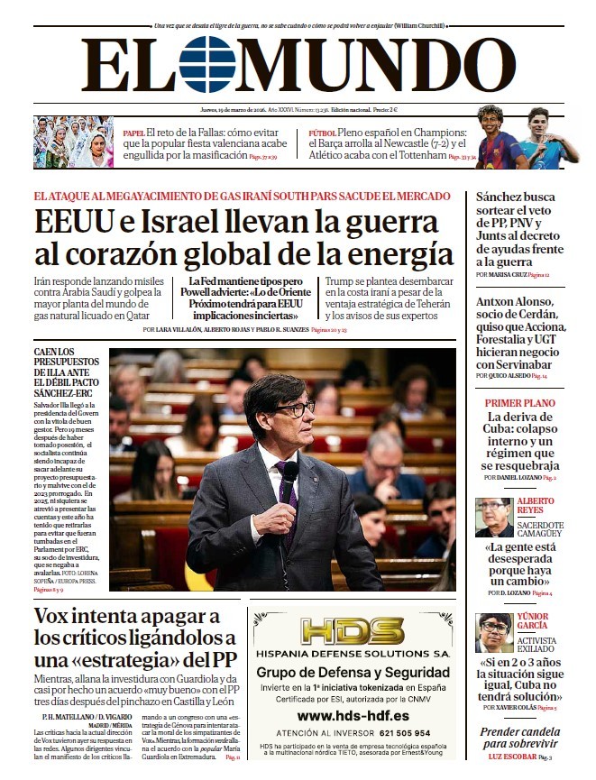 Portada de EL MUNDO del jueves 19 de marzo de 2026 | Medios