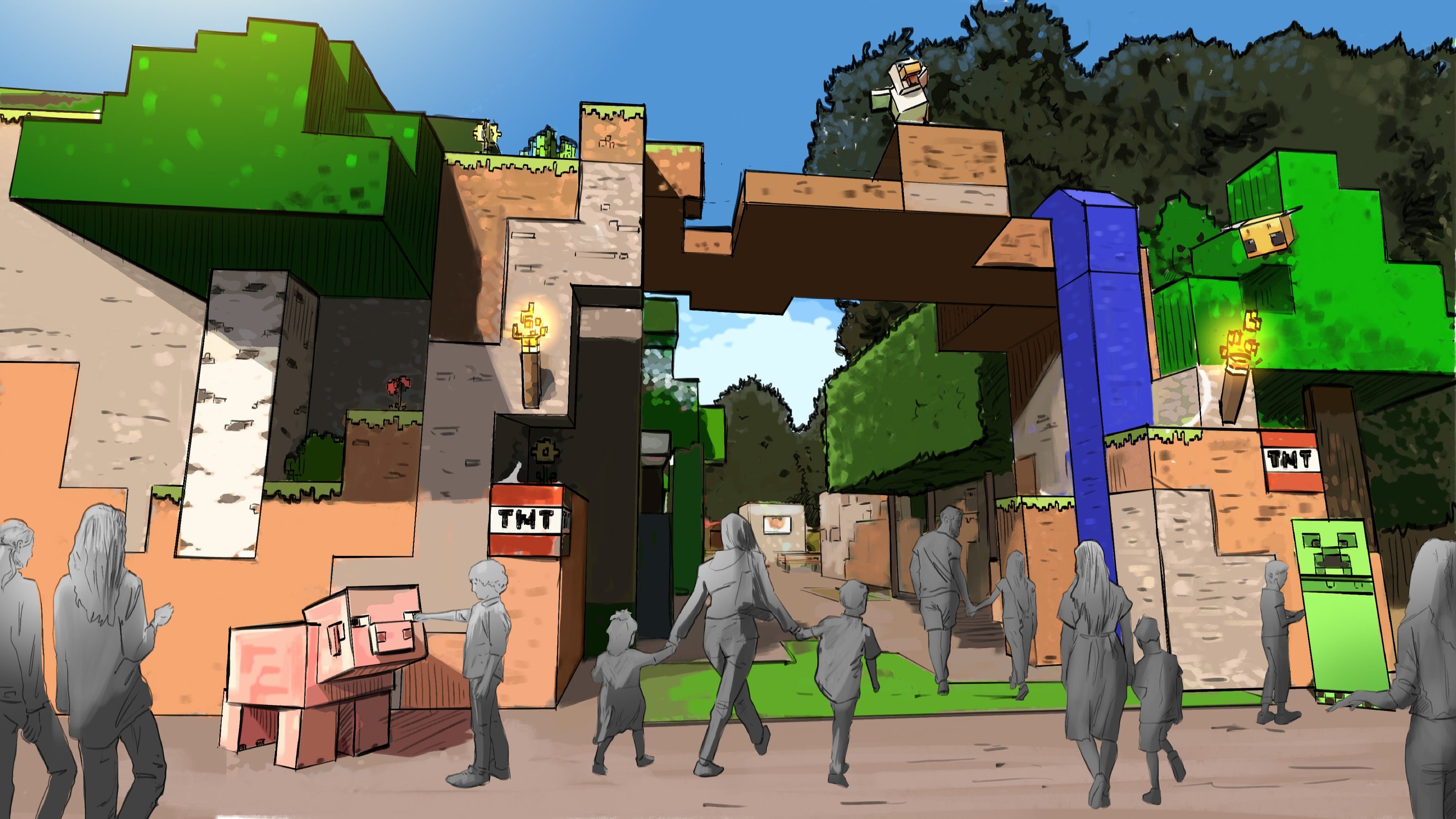 Boceto de cómo sería la entrada al parque Minecraft World.