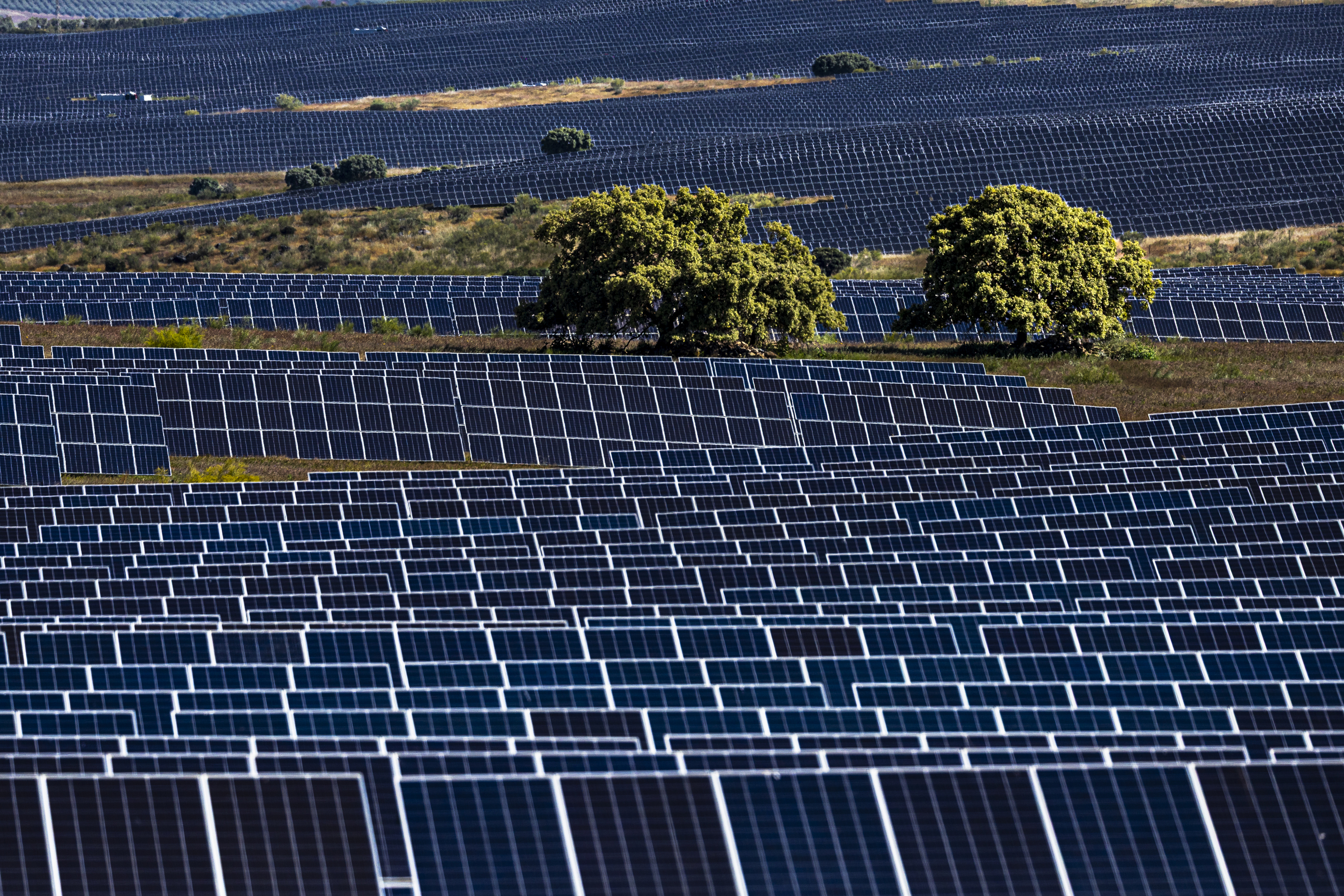 Imagen de una macroplanta fotovoltaica en Badajoz.