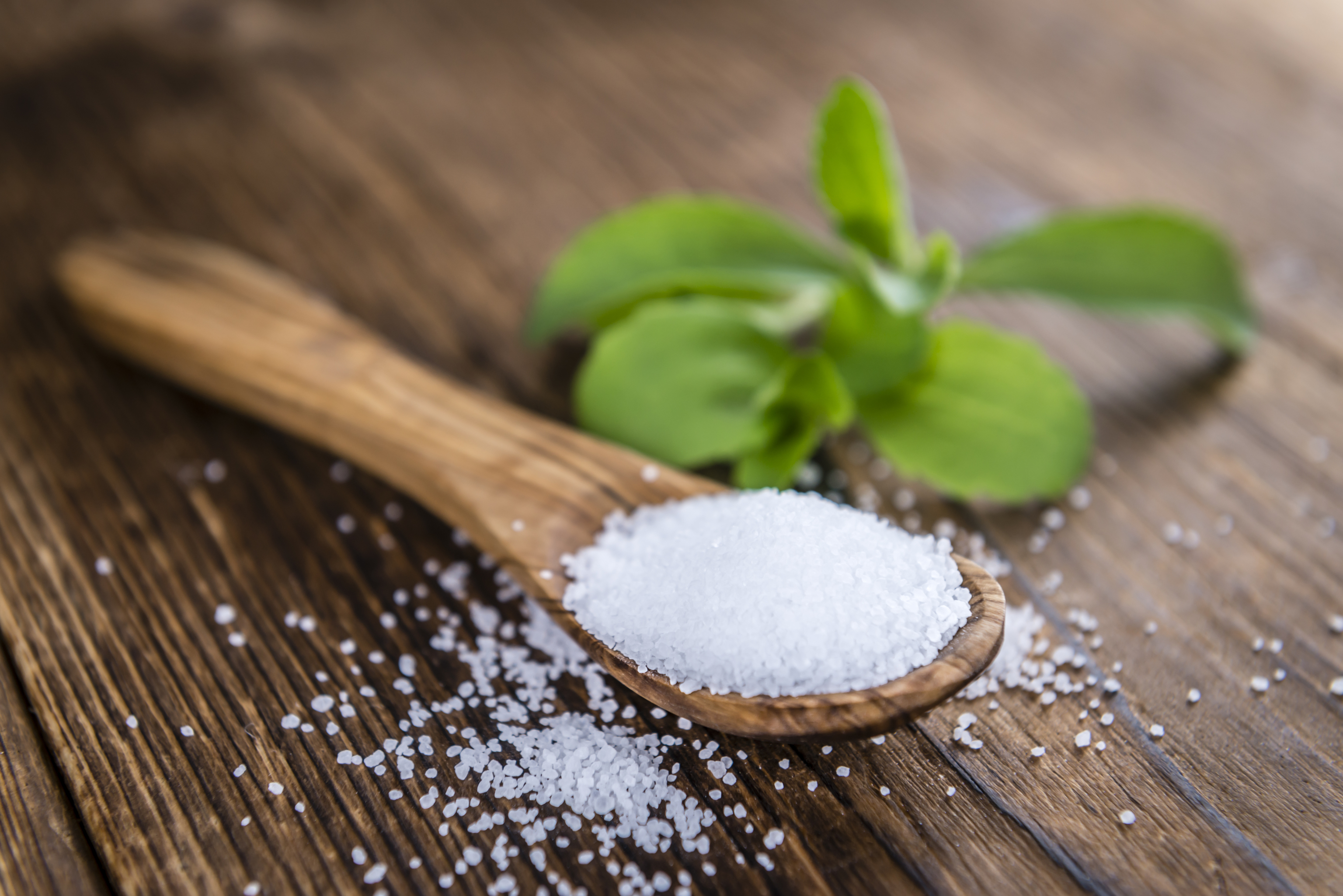 Una cuchara zon stevia y una planta de stevia detrás.