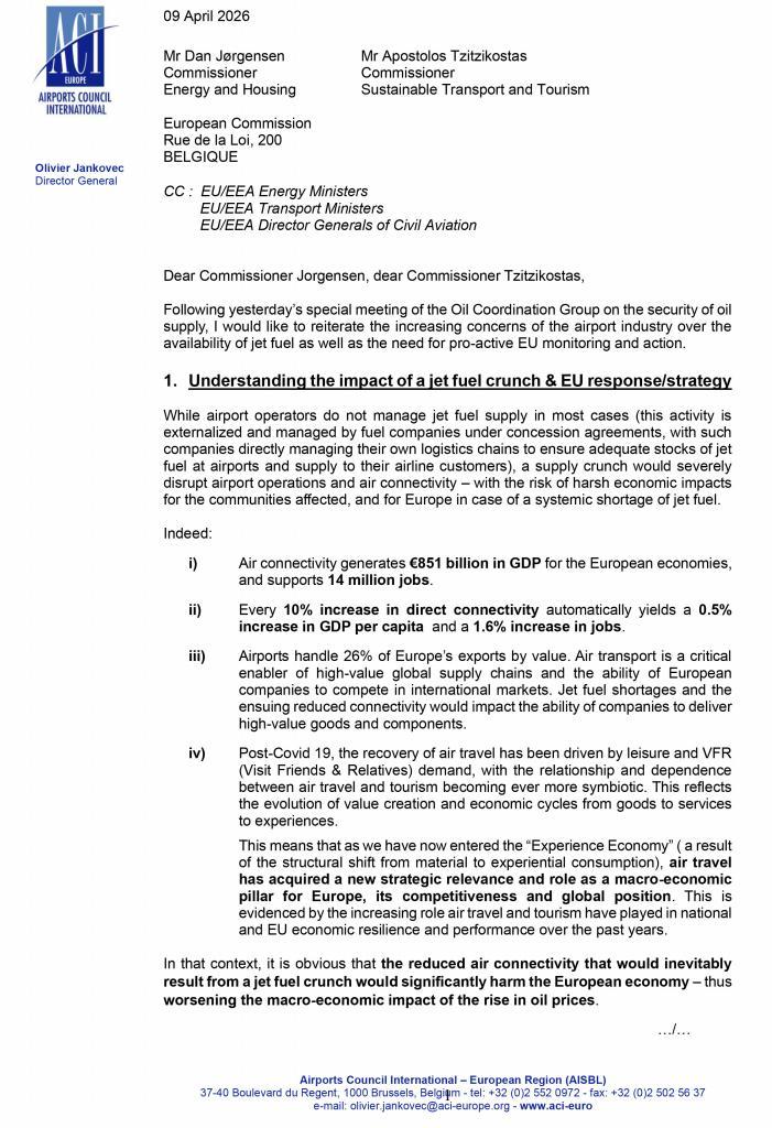 Fragmento de la carta remitida por Oliver Jankovec, director general de los aeropuertos europeos a la Comisión Europea.