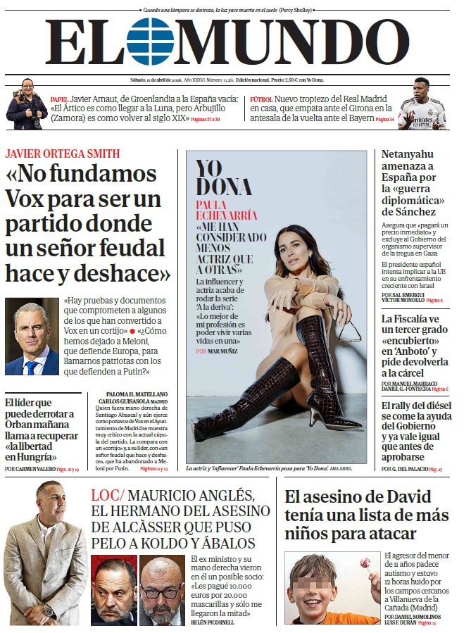 Portada de EL MUNDO del sábado 11 de abril de 2026