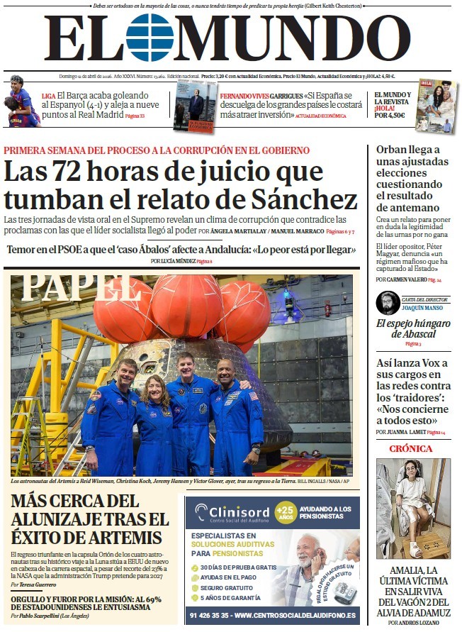 Portada de EL MUNDO del domingo 12 de abril de 2026
