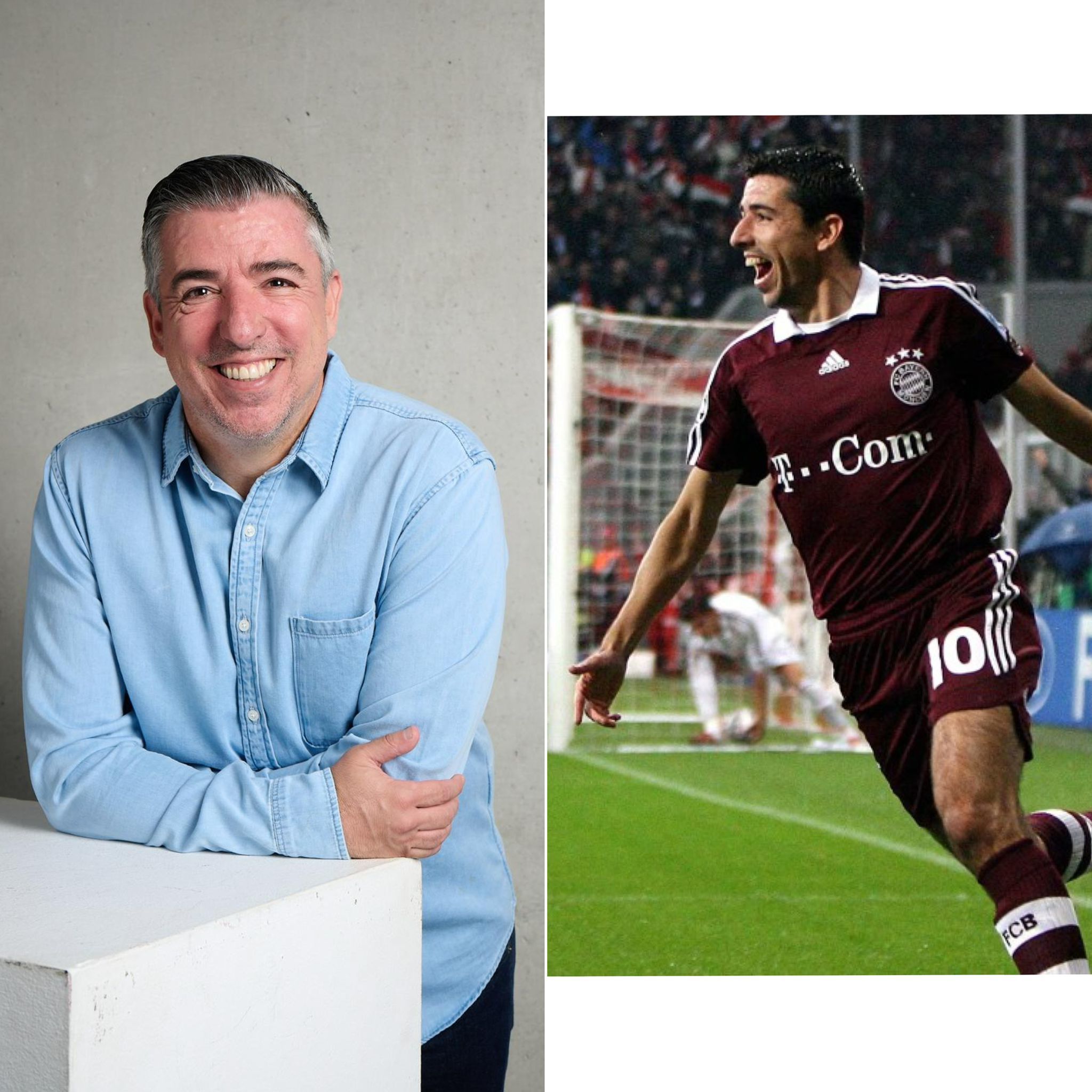 Makaay, en la actualidad. A la derecha, celebrando el gol al Madrid en 2007.