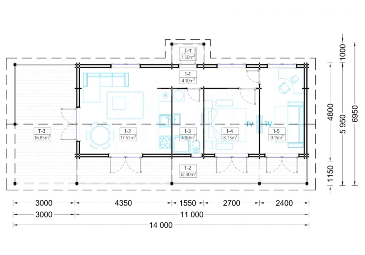 La casa prefabricada ideal para el verano: terraza cubierta de 29 m² y amplio salón con cocina abierta