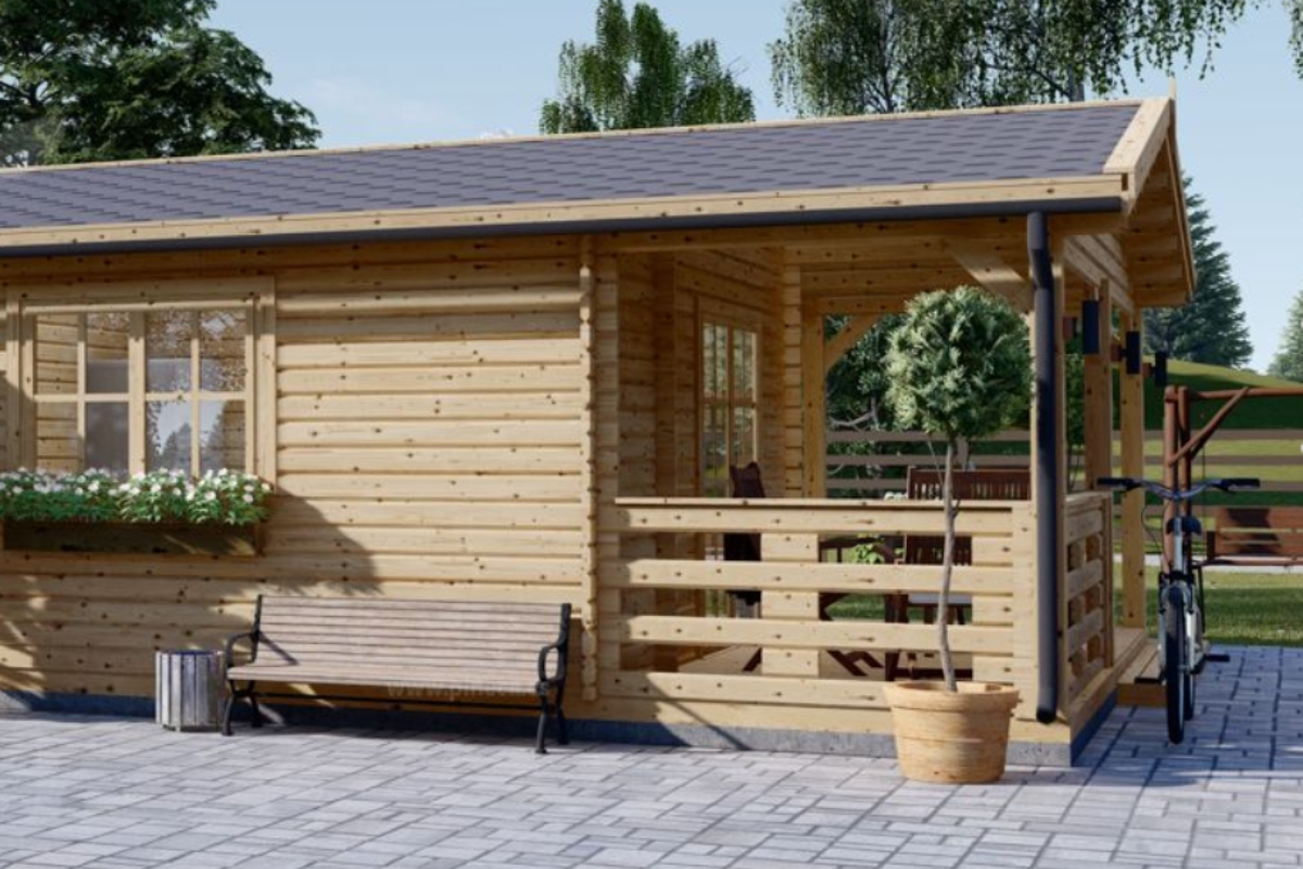 La casa prefabricada ideal para el verano: terraza cubierta de 29 m² y amplio salón con cocina abierta