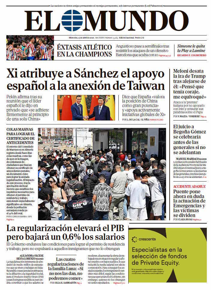Portada de EL MUNDO del miércoles 15 de abril de 2026 | Medios