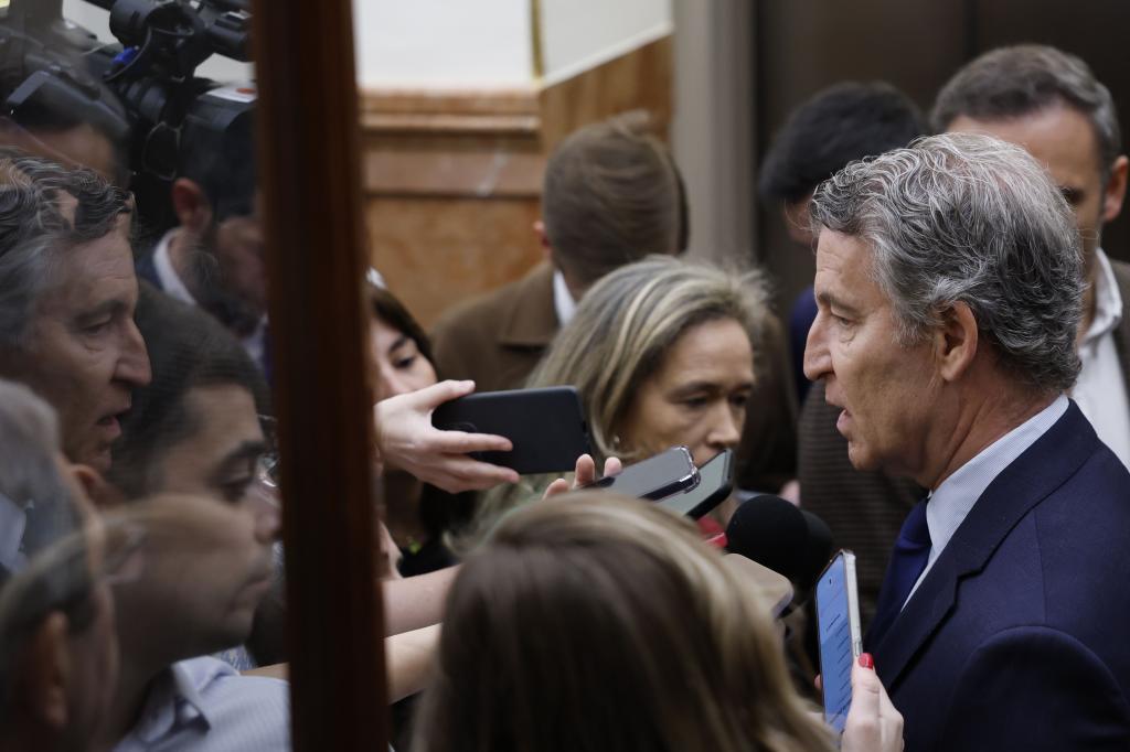 Alberto Núñez Feijóo, este miércoles, en declaraciones a los medios en el Congreso.