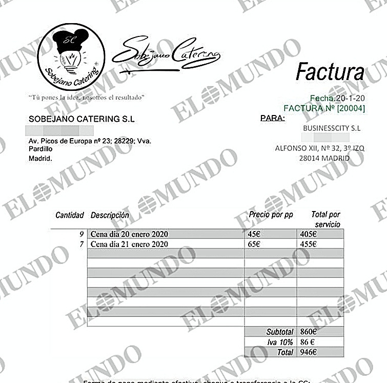 Factura del 'catering' pagada por Víctor de Aldama.