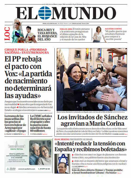 Portada de EL MUNDO del sábado 18 de abril de 2026 | Medios