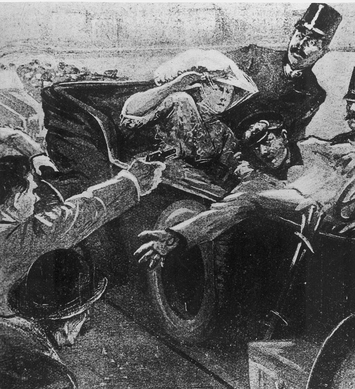Ilustración del momento en el que Gavrilo Princip dispara al archiduque Francisco Fernando y a su esposa la condesa Sofía Chotek.