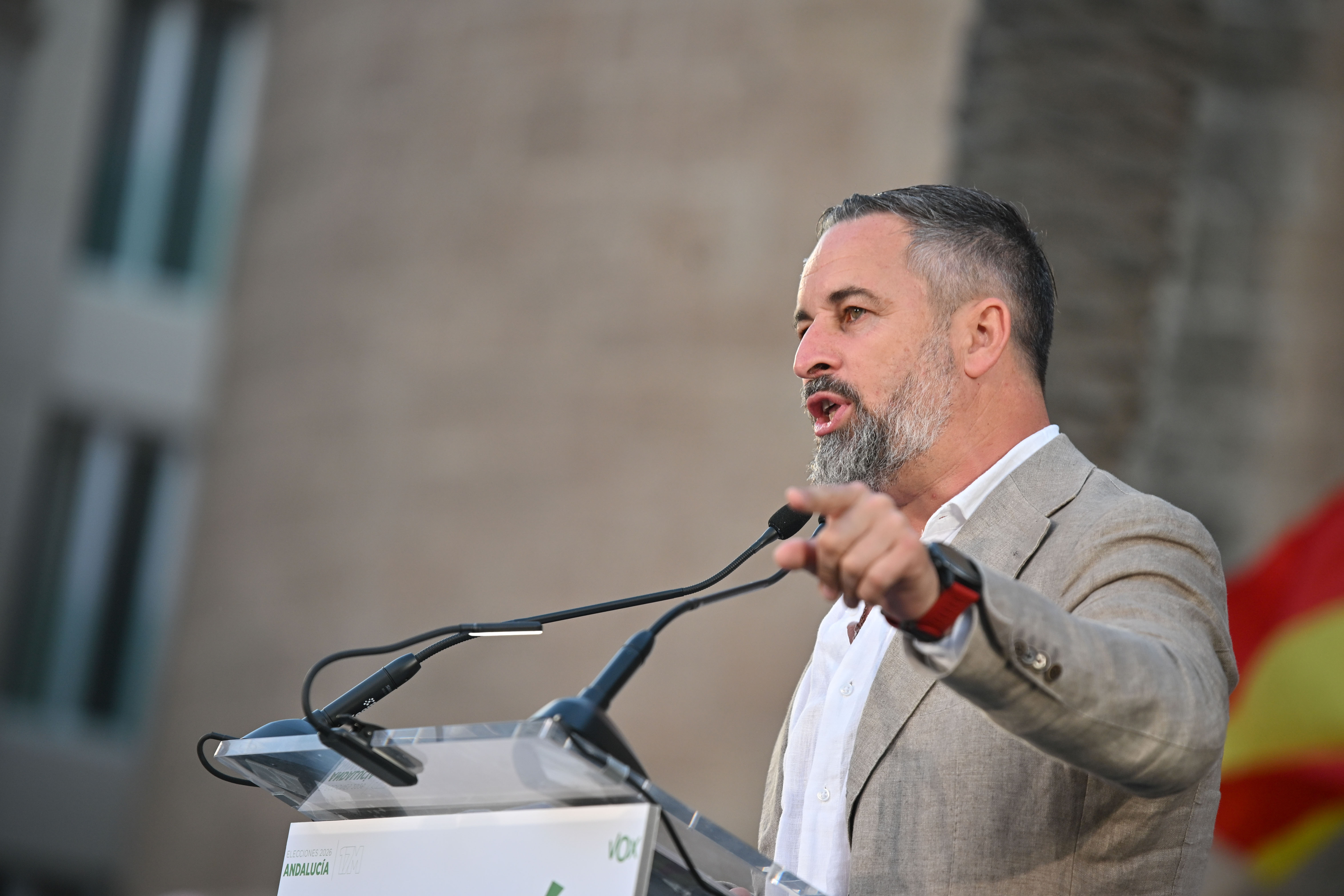 El presidente de VOX, Santiago Abascal, en un acto de campa�a en Almer�a.