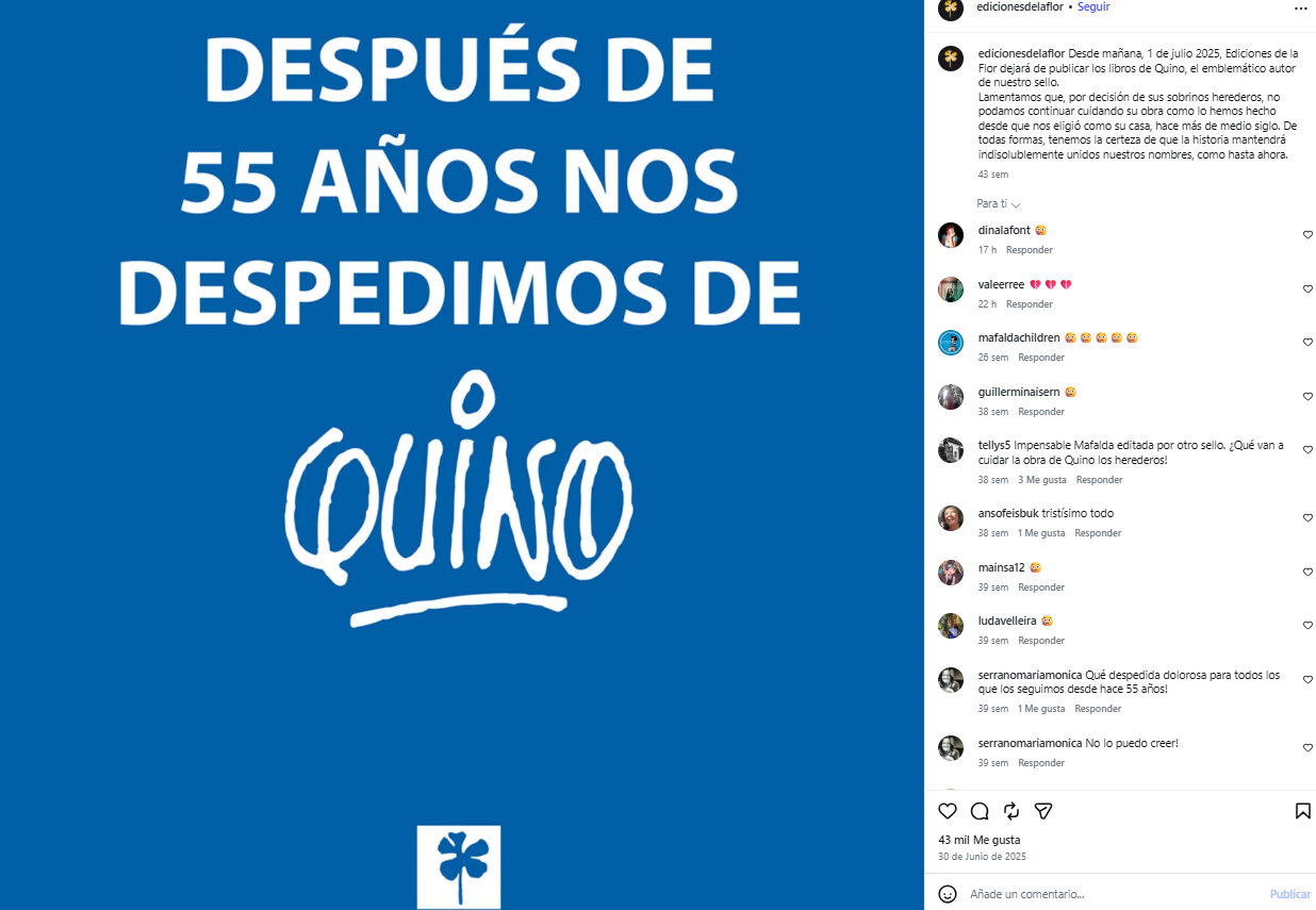 Publicaci�n del sello Ediciones la Flor en Instagram en junio de 2025 notificando que dejaba de publicar los libros de Quino