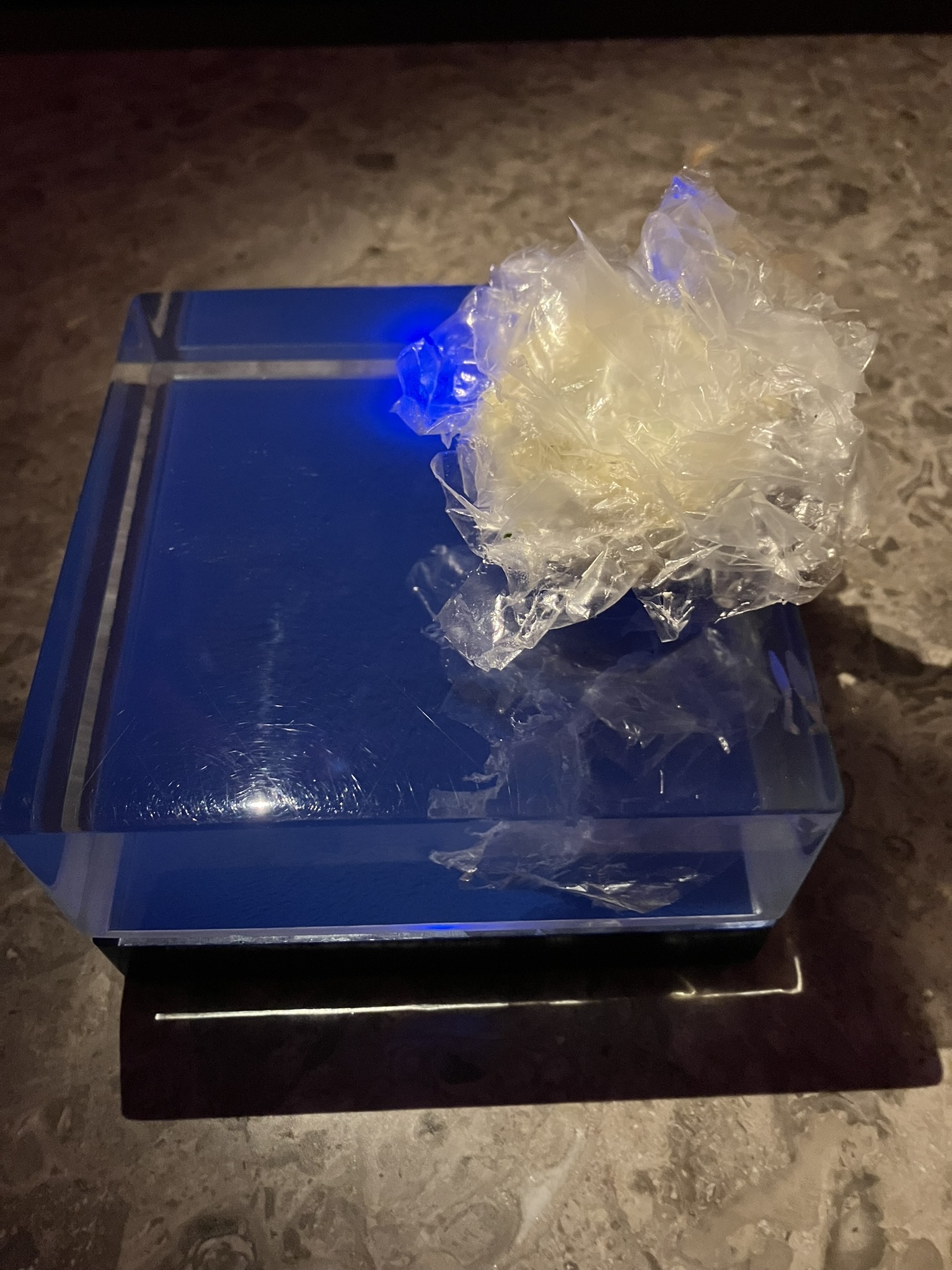 'Plastic Fantastic', un plato con un plástico de azúcar para concienciar sobre la contaminación del mar.