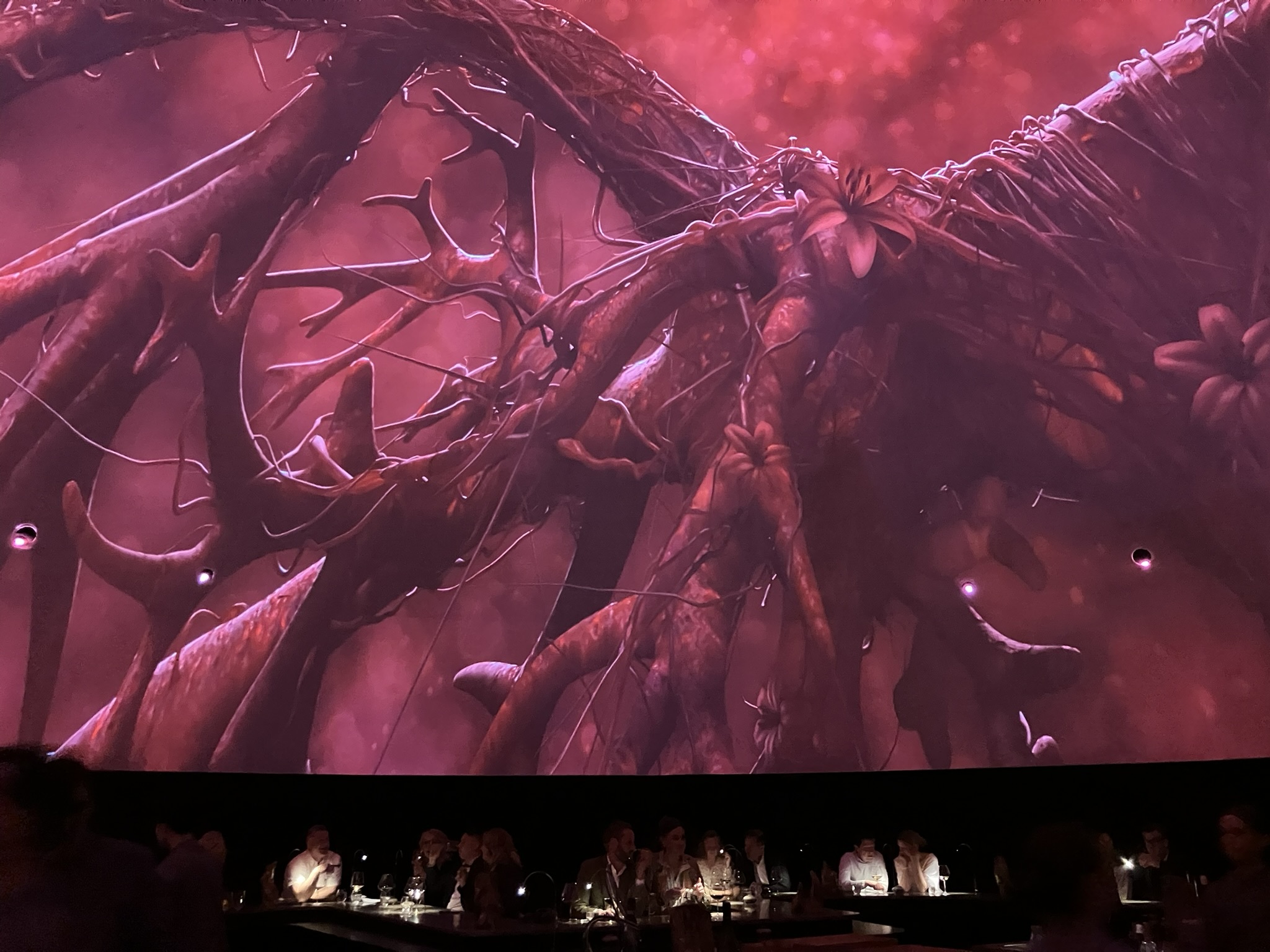 Videowall del comedor principal de Alchemist, con una de las imágenes que proyectan durante la cena.