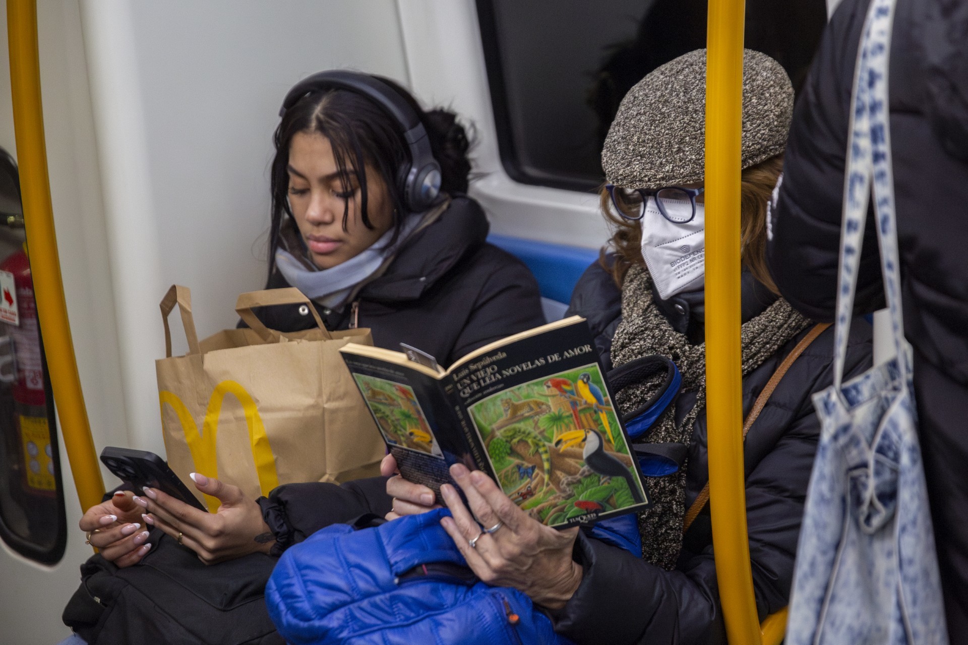 Una mujer lee una novela en el metro de Madrid.