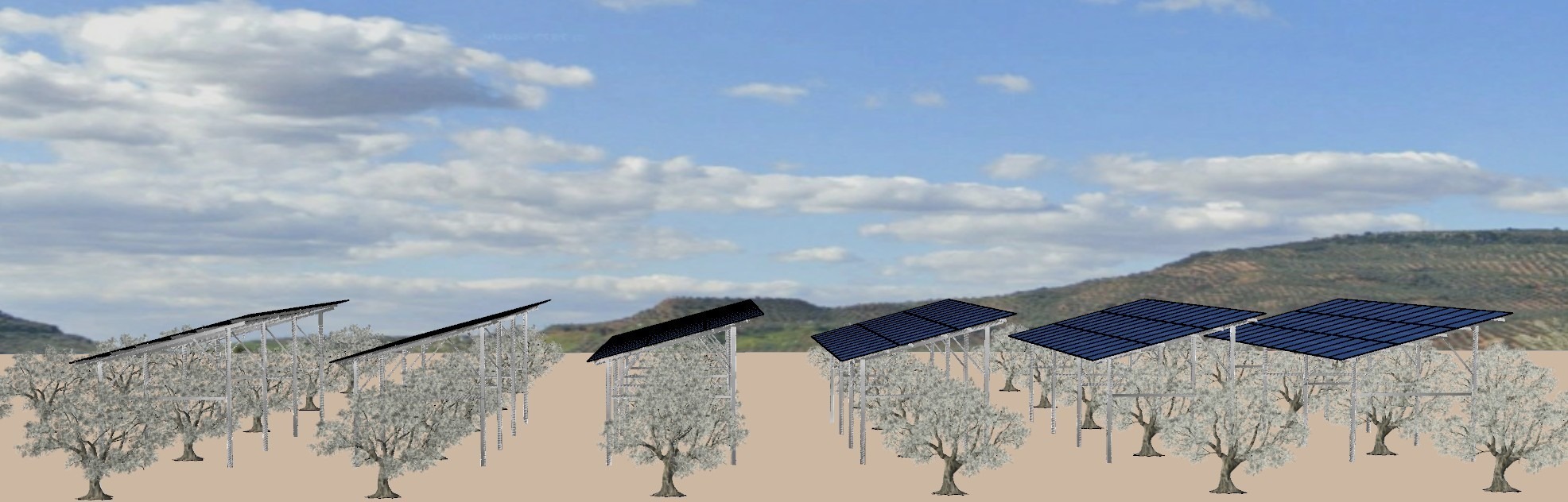 Maqueta de una planta fotovoltaica construida sobre el olivar.